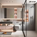 Modern Bathroom Interior Design With Vanity Mirror Glass Shower Toilet And Storage Shelves