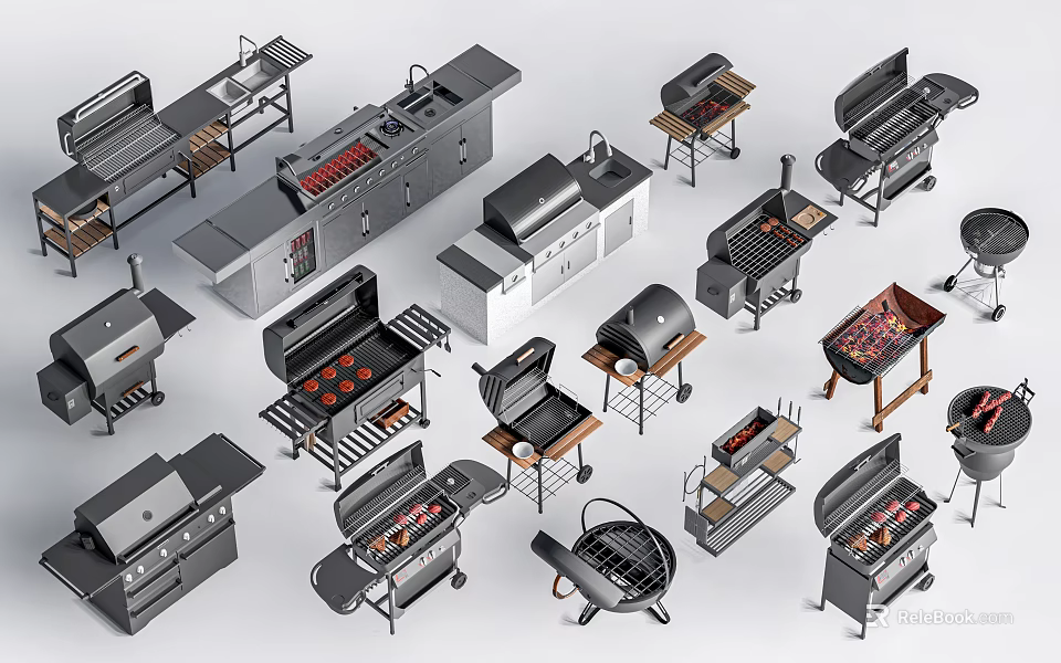 Outdoor Public Facilities Featuring Various Barbecue Grills And Different Cooking Equipment 3d model 