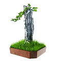 Garden Ornament Potted Plant Featuring Textured Tree Trunk Green Foliage and Grass