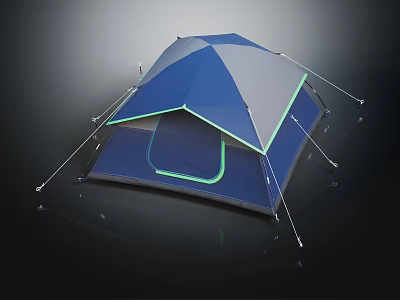 Blue And Gray Camping Tent Furniture With Support Poles And Green Accent Edges 3d model