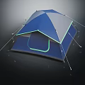 Blue And Gray Camping Tent Furniture With Support Poles And Green Accent Edges