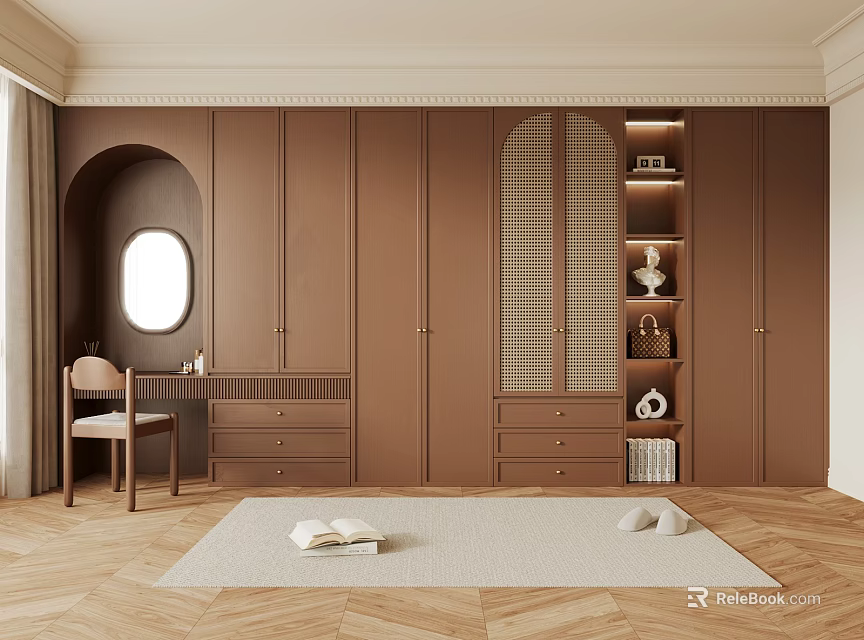 Brown Wardrobe Design With Dressing Table Mirror Chair And Wooden Floor Rug 3d model 