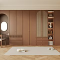 Brown Wardrobe Design With Dressing Table Mirror Chair And Wooden Floor Rug
