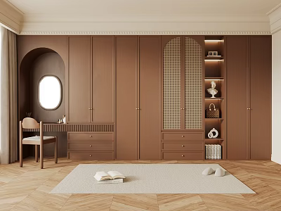 Brown Wardrobe Design With Dressing Table Mirror Chair And Wooden Floor Rug 3d model