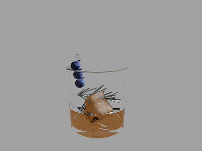 Glass Cup With Brown Liquid Ice Cube Blue Berries And Rosemary Garnish 3d model
