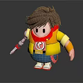 Cartoon Child with Brown Hair Wearing Yellow Vest Red Scarf Holding Mechanical Arm Tool