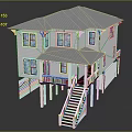 Cartoon Scene White Two Story House With Gray Roof Porch Stairs Blue Windows On Stilts