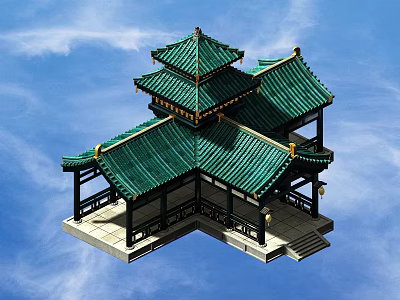 Traditional Chinese Pavilion With Green Tiled Roof Multi tiered Structure Curved Eaves And Blue Sky 3d model