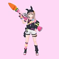 Woman With Rabbit Ears Holding Carrot Weapon In Black Top White Shorts Against Pink Background