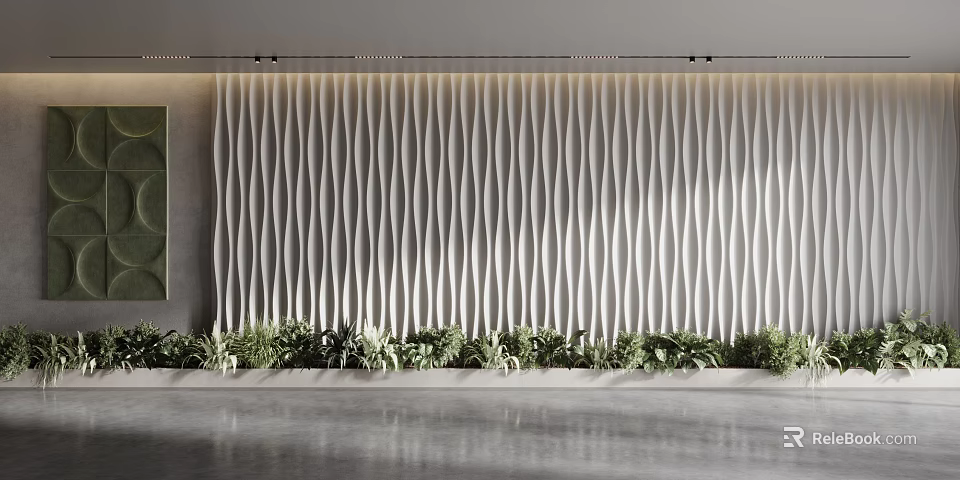 Modern Interior Background Wall With Wavy Texture And Green Plants At Bottom 3d model 
