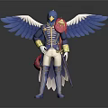 Game Movie Character With Blue Wings Gold Blue Uniform And Mask Holding Sword