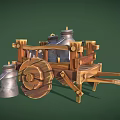 Rustic Wooden Cart Displaying Metal Jugs and Shovel on Green Backdrop