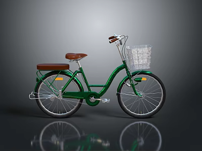 Classic Vintage Green Bicycle With Brown Leather Seat And Front Wire Basket 3d model
