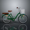 Classic Vintage Green Bicycle With Brown Leather Seat And Front Wire Basket