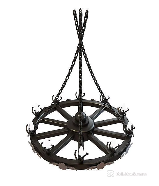 Vintage Wheel Shaped Black Metal Chandelier With Hanging Chains And Decorative Spikes 3d model 