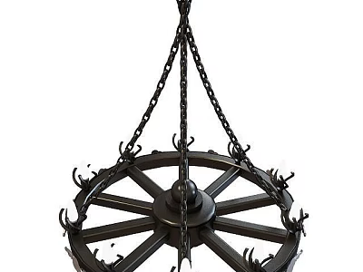 Vintage Wheel Shaped Black Metal Chandelier With Hanging Chains And Decorative Spikes 3d model