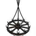Vintage Wheel Shaped Black Metal Chandelier With Hanging Chains And Decorative Spikes