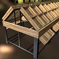 Wooden Shelving Unit with Multiple Wooden Crates for Product Display and Hanging Signboards on Top