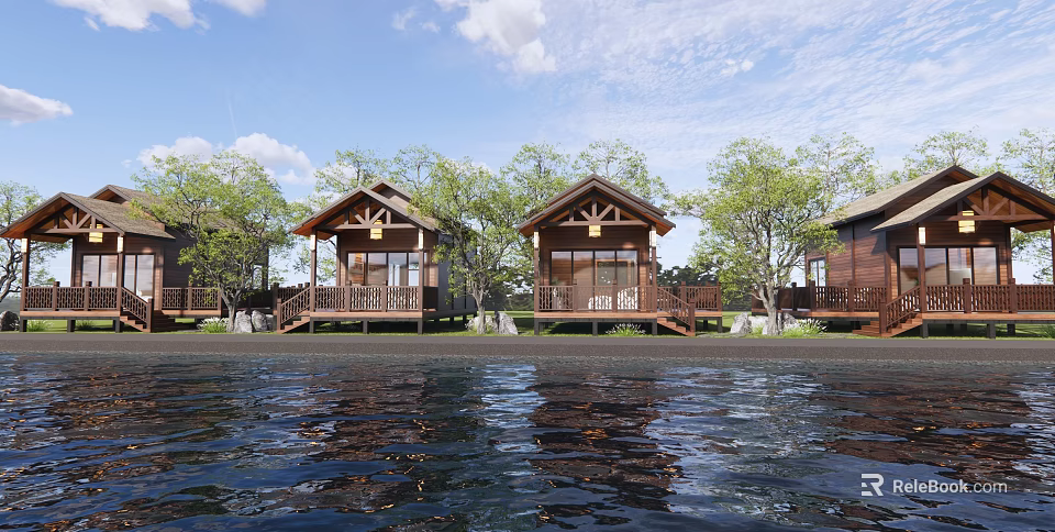 Detached Villa with Lakefront View Wooden Structure and Trees by Water Reflection 3d model 