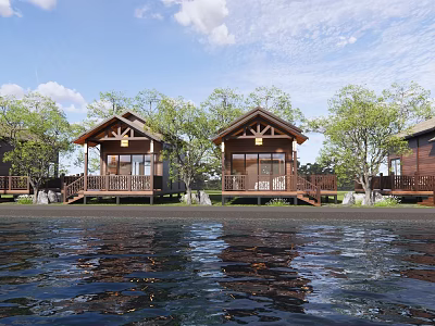 Detached Villa with Lakefront View Wooden Structure and Trees by Water Reflection 3d model