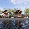 Detached Villa with Lakefront View Wooden Structure and Trees by Water Reflection 3d model