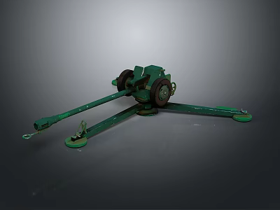Green Vintage Artillery Weapon With Wheeled Base And Long Metal Barrel 3d model