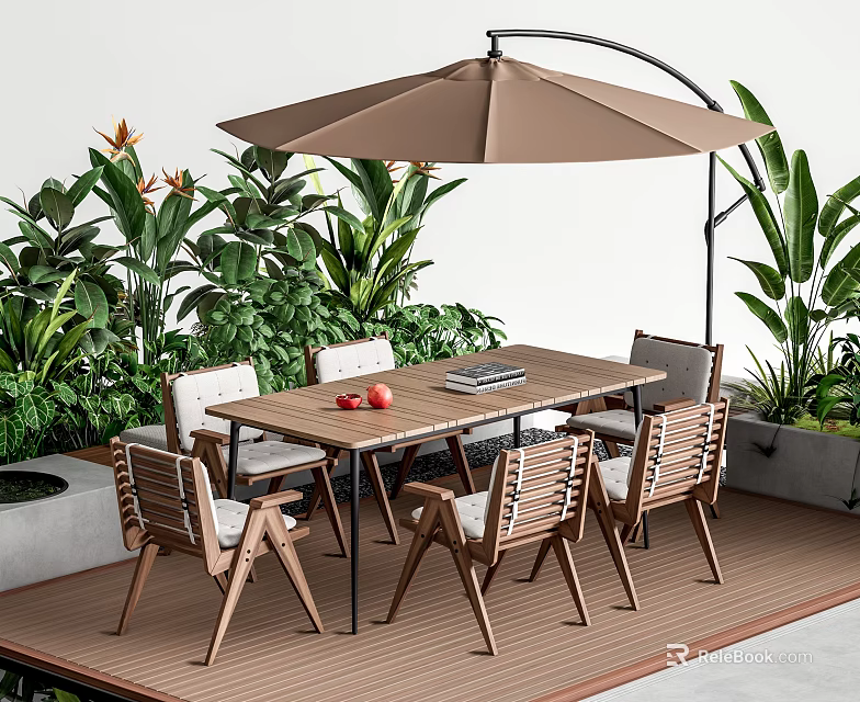 Outdoor Wooden Table and Chairs Set with Patio Umbrella Green Plants and Red Apples 3d model 