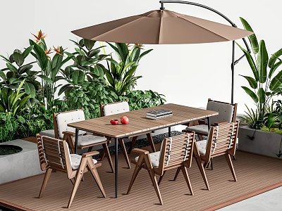 Outdoor Wooden Table and Chairs Set with Patio Umbrella Green Plants and Red Apples 3d model