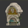 Jurassic Fortune Themed Entrance Gate With Ornate Stone Carvings And Palm Trees