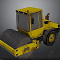 Yellow Road Roller With Large Drum Cab And Worn Tires On Reflective Surface