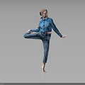Woman In Blue Shirt And Blue Jeans Balancing On One Leg Against Gray Background