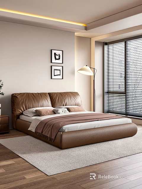 Brown Leather Double Bed with Headboard Pillows Blanket Floor Lamp Window Blinds and Art 3d model 