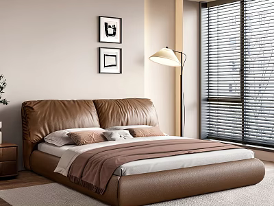 Brown Leather Double Bed with Headboard Pillows Blanket Floor Lamp Window Blinds and Art 3d model