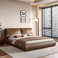 Brown Leather Double Bed with Headboard Pillows Blanket Floor Lamp Window Blinds and Art