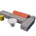 Gray Modular Booth Sofa With Orange Cushions White Round Table And Yellow Stool 3d model