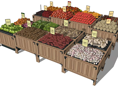 Wooden Display Shelves with Fresh Fruits Vegetables and Price Tags in Market 3d model