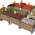 Wooden Display Shelves with Fresh Fruits Vegetables and Price Tags in Market