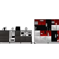 Modern Red And Black Bookcase Design With Storage Shelves And Compartments 3d model