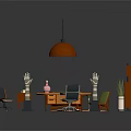 Modern Stylish Office Desk Setup With Ergonomic Chair Wooden Bookshelf And Pendant Light