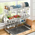Kitchen Cabinets With Two Tier Shelf Dishes Bowls Mugs Fruits Vegetables And Utensils