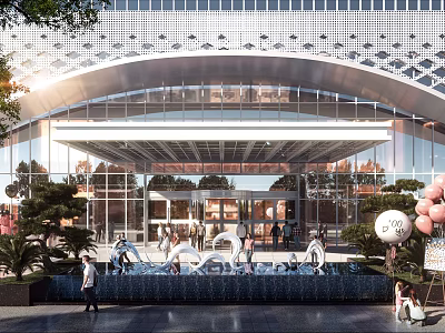 Modern Main Entrance Gate Design With Arched Glass Facade Fountain Sculptures And Greenery 3d model