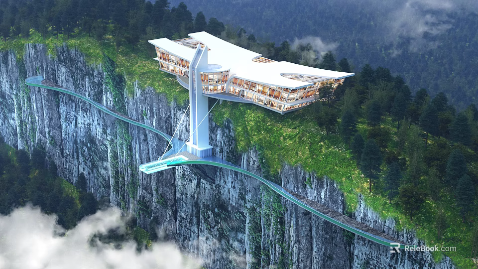 Cliffside Visitor Center With Modern Overhanging Design And Surrounding Mountain Cloud Views 3d model 