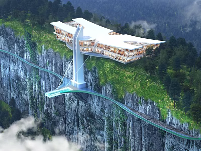 Cliffside Visitor Center With Modern Overhanging Design And Surrounding Mountain Cloud Views 3d model
