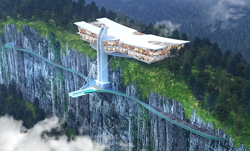 Cliff Glass Plank Road Hotel Viewing Platform Tourist Service Center Aerial View 3d model