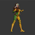 Dynamic Game Movie Character In Yellow Green Bodysuit With Brown Jacket Headpiece And Posing Stance