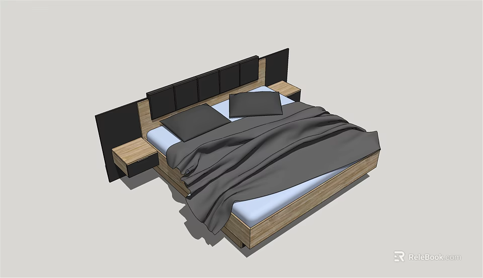 Modern Double Bed With Black Headboard Wooden Nightstands And Gray Bedding 3d model 