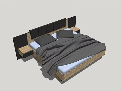 Modern Double Bed With Black Headboard Wooden Nightstands And Gray Bedding 3d model