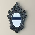 Oval Mirror with Black Carved Frame Hanging on Light Wall Reflecting Outdoor View with Railings