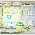 School Classroom Interior With Wooden Tables Chairs Green Plants And Wall Decorations