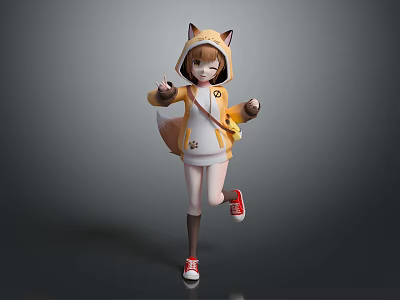 Game And Movie Character With Fox Ears Tail In Yellow White Hoodie Red White Sneakers Black Stockings 3d model